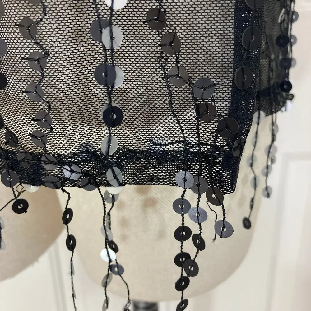 Vince Camuto Black sequin top, New mesh sequin fringe flutter sleeve top - Picture 5 of 8